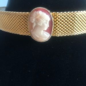 Vintage Gold Mesh Coral Colored Cameo Choker